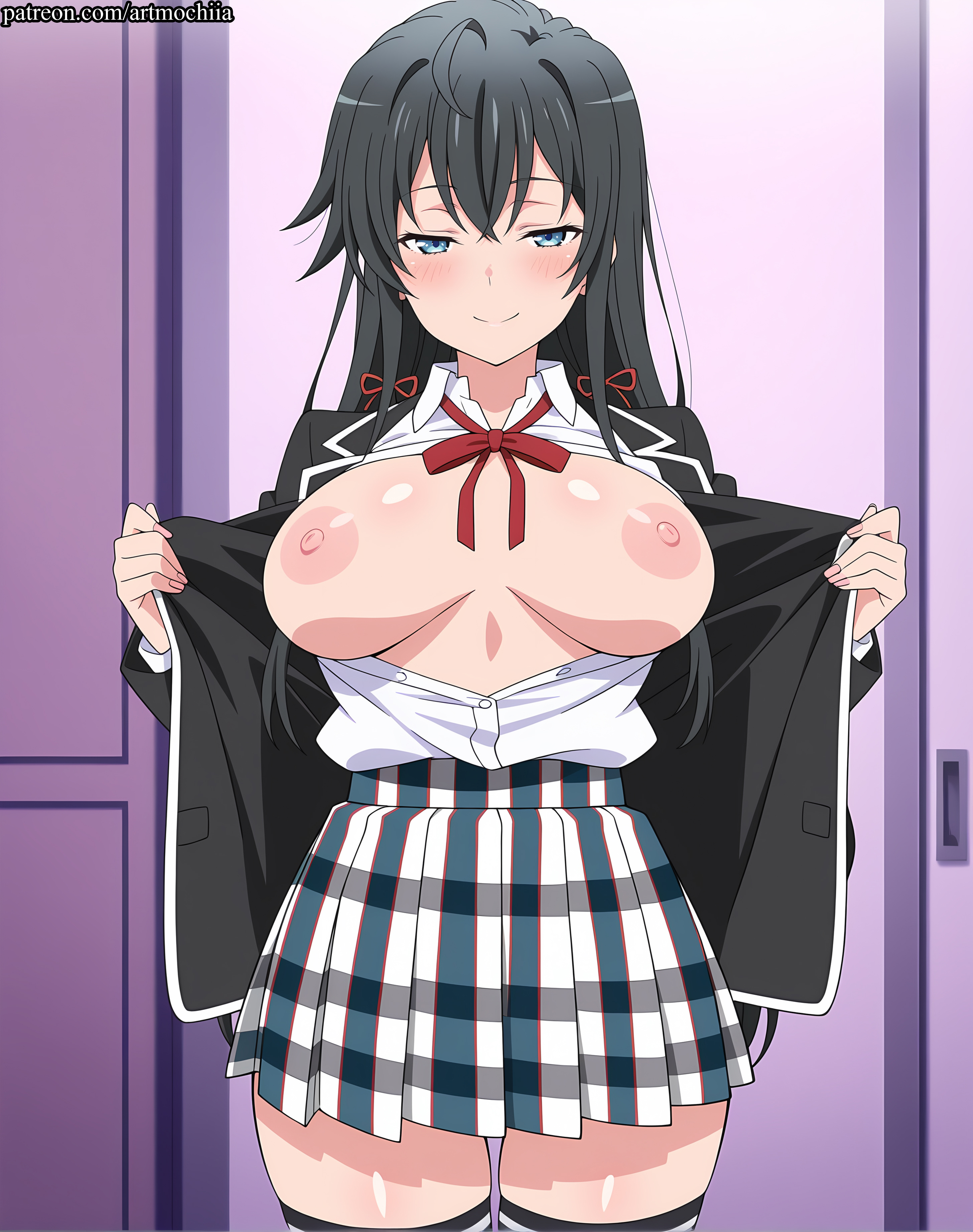 ai generated, artmochiia, bangs, black hair, black jacket, black legwear, blazer, blue eyes, blush, breasts, breasts outside, cowboy shot, female, jacket, large breasts, long hair, looking at viewer, my teen romantic comedy snafu, nipples, open clothes, open jacket, open shirt, plaid, plaid skirt, pleated skirt, red ribbon, ribbon, school uniform, shirt, skirt, smile, sobu high school uniform, solo, thighhighs, unbuttoned, white shirt, yahari ore no seishun lovecome wa machigatteiru., yukinoshita yukino, zettai ryouiki