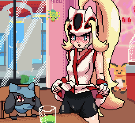 animated bulbasaur korrina_(pokemon) masturbation pixel_art pokemon raichu riolu table_humping