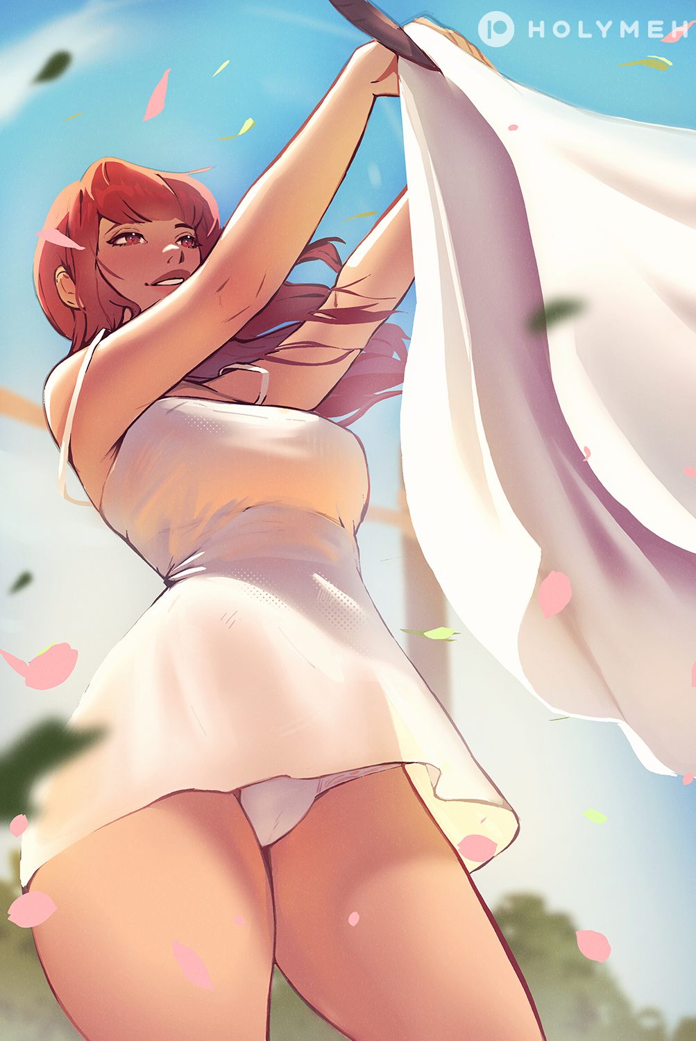 1girls, breasts, dress, dress up, female, hips, holy meh, holymeh, lianna (holymeh), oc, panties, red hair, skirt up, thighs, wind lift