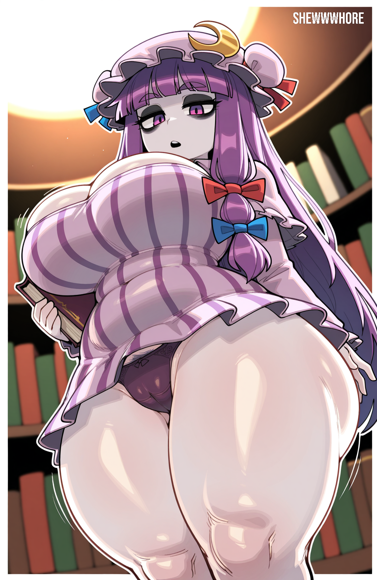 1girls, ai generated, ass, bags under eyes, big ass, big breasts, breasts, cameltoe, cleavage, eyebrows, female, from below, full body, hairy pussy, looking at viewer, open mouth, patchouli knowledge, purple hair, pussy, shewwwhore, solo, solo focus, thick eyebrows, thick thighs, touhou