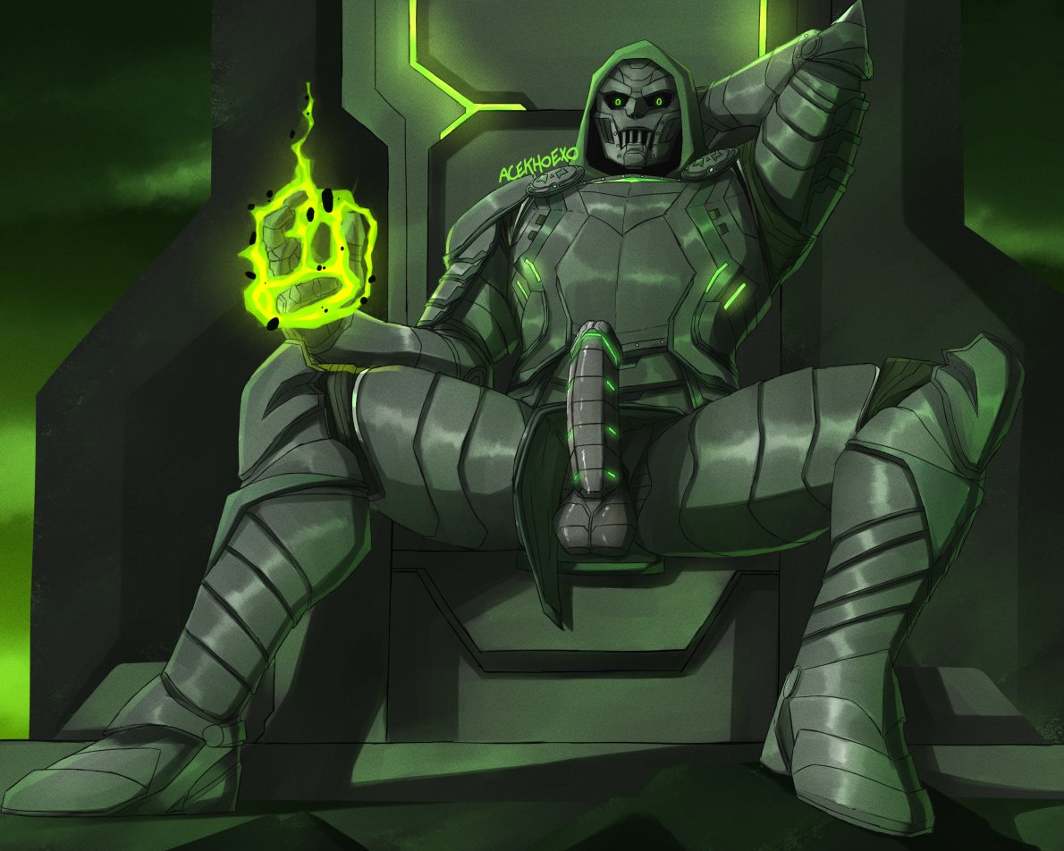 5_fingers acekhoexo armor armored_male armpits arms_up balls big_penis bodily_fluids clothed clothing digital_media_(artwork) doctor_doom doombot_(fortnite) epic_games erection faceless_male fortnite genitals glowing_eyes glowing_penis gray_balls gray_body gray_glans gray_penis green_armor green_eyes green_markings helmet highres hood huge_cock humanoid humanoid_genitalia humanoid_penis looking_at_viewer magic male male_only marvel marvel_comics mask masked masked_men muscular muscular_male nude nude_male penis robot robot_eyes robot_humanoid signature solo solo_male victor_von_doom warrior