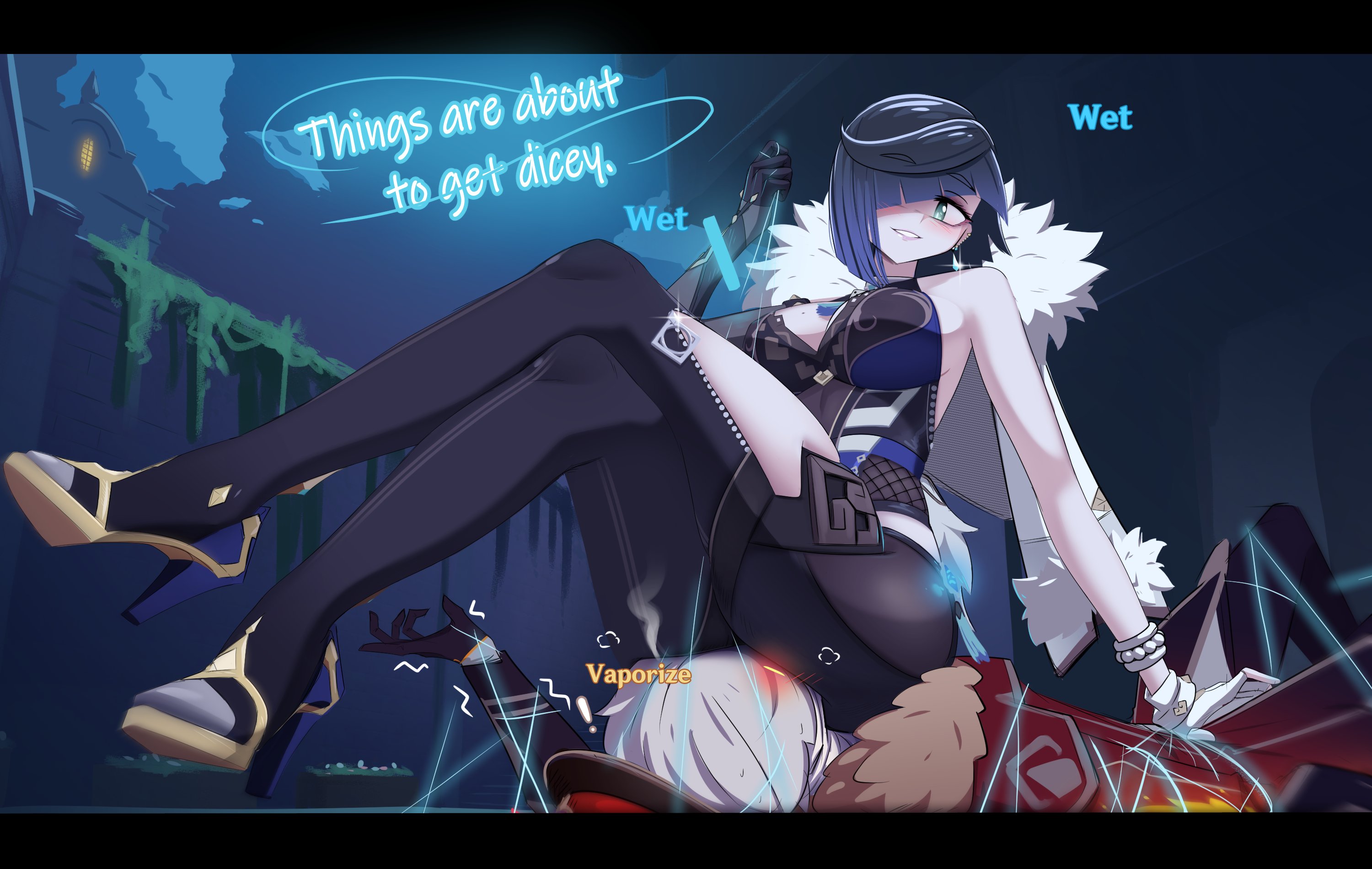 1boy, 1girls, bound, crossed legs, english text, facesitting, female, femdom, genshin impact, iwillsunder, male, restrained, steam, yelan (genshin impact)