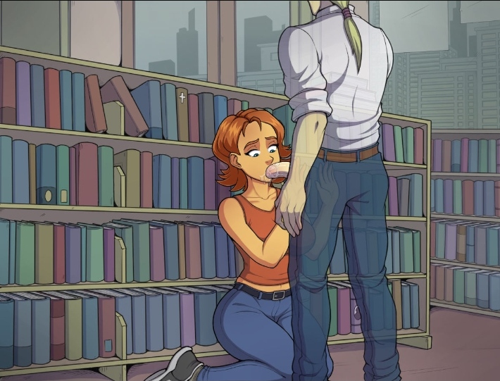 1boy 1female 1girls 1male blonde_hair book books bookshelf brown_hair clothed clothed_female clothed_male clothed_sex denim disney fellatio female human irma_lair jeans kneeling lazy_tarts library lord_cedric male oral oral_sex orange_clothing orange_tank_top orange_topwear saliva sex somka108 standing stealth_fellatio tank_top w.i.t.c.h.