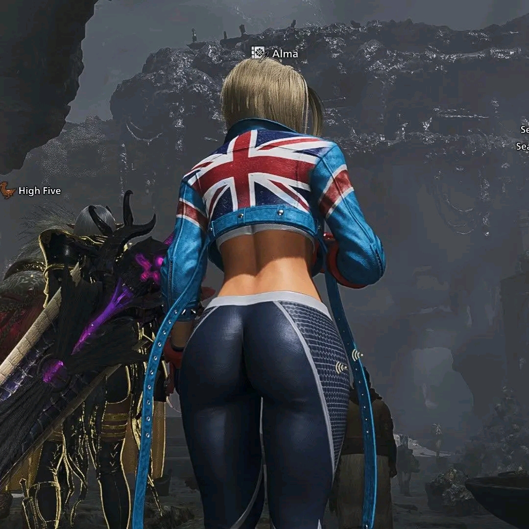 alma (monster hunter wilds), alternate costume, ass, athletic female, basin, black leggings, blonde hair, blonde-haired female, bubble ass, cammy white (cosplay), capcom, cavern, cosplaying as character, crossover, female, game screenshot, gore magala (weapon), great sword (monster hunter), gym uniform, huge ass, monster hunter, monster hunter (series), monster hunter wilds, no panties under leggings, official art, official style, outdoors, plump ass, screencap, short hair, skindentation, skintight, standing, street fighter, thicc ass, toned female, yoga pants