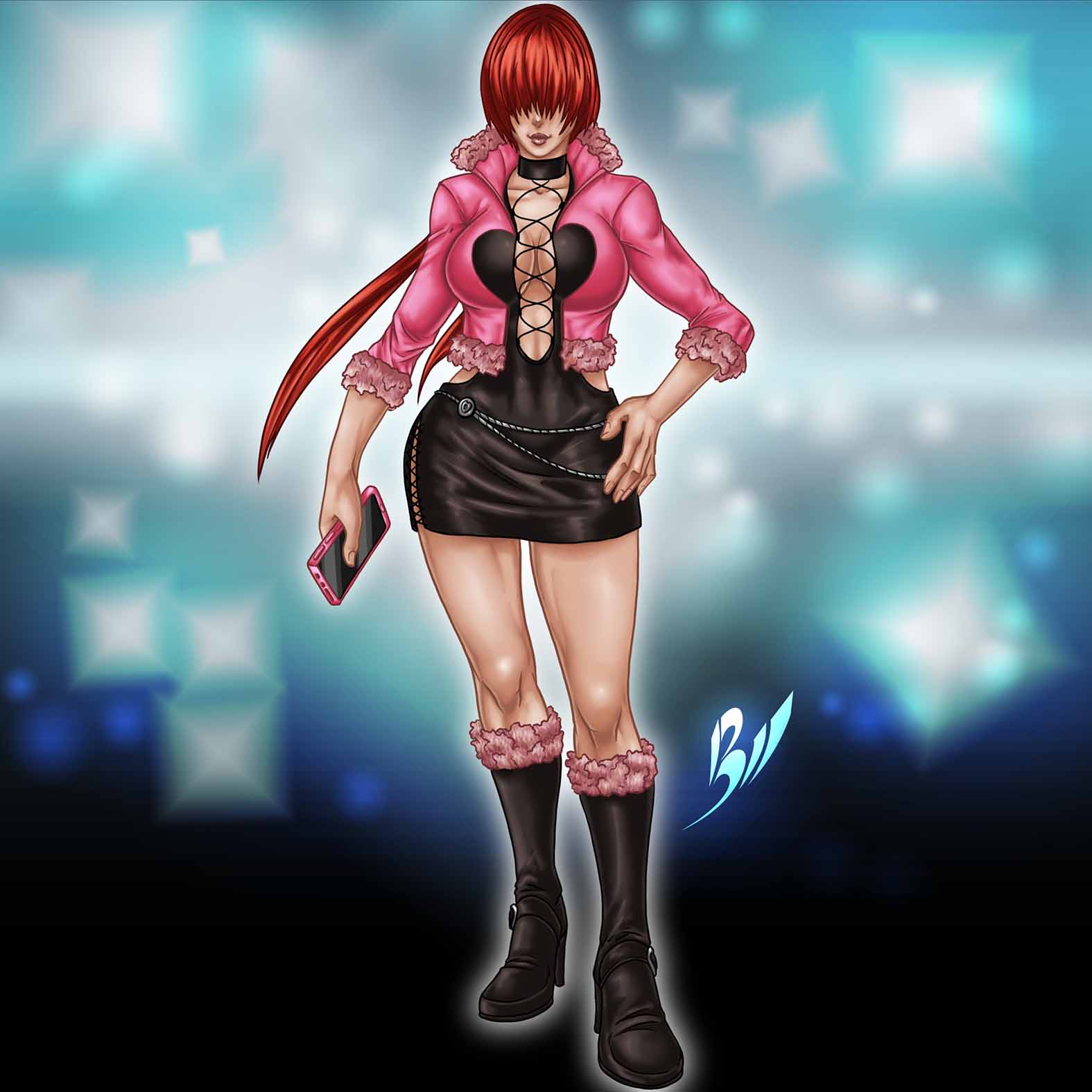 1girls big_breasts bilcassonato bilnsfw boots breasts busty curvy female hand_on_hip jacket king_of_fighters light-skinned_female light_skin long_hair phone pink_clothing red_hair shermie_(kof) skirt standing thighs tied_hair voluptuous voluptuous_female wide_hips