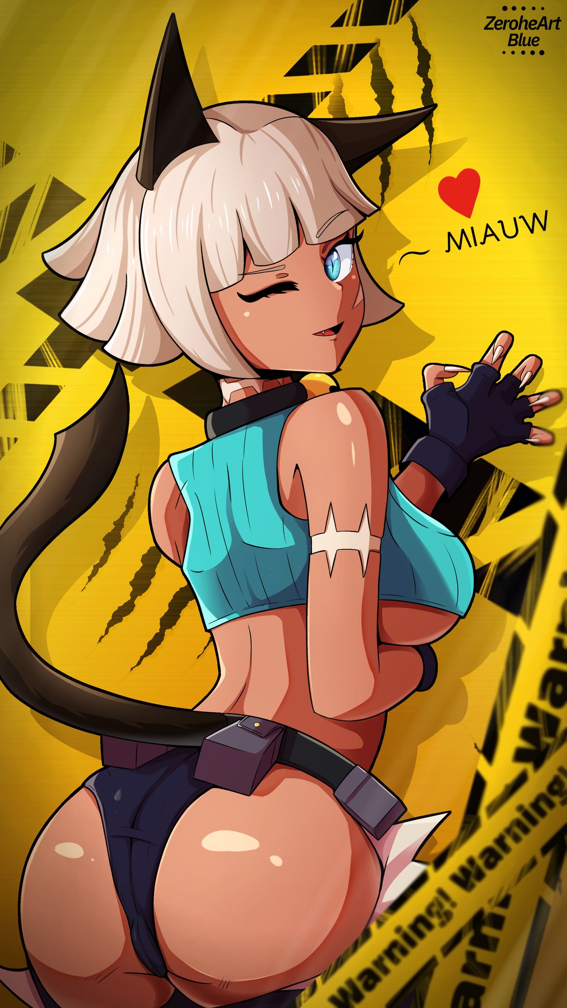 big_ass catgirl female looking_at_viewer looking_back looking_back_at_viewer nadia_fortune simple_background skullgirls video_games wink winking_at_viewer zerohe_art_blue