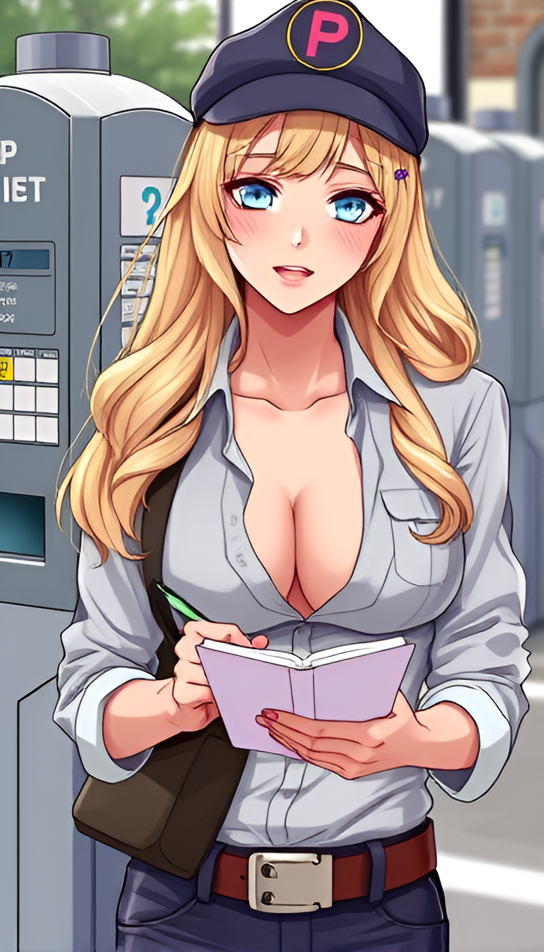 1girl 1girls ai_generated anime bag bag_around_shoulder based_on_a_song based_on_song belt blonde_female blonde_hair blue_eyes blushing cap cleavage hairclip light-skinned_female looking_at_viewer meter_maid notebook open_mouth original_character parking_meter unbuttoned unbuttoned_shirt writing