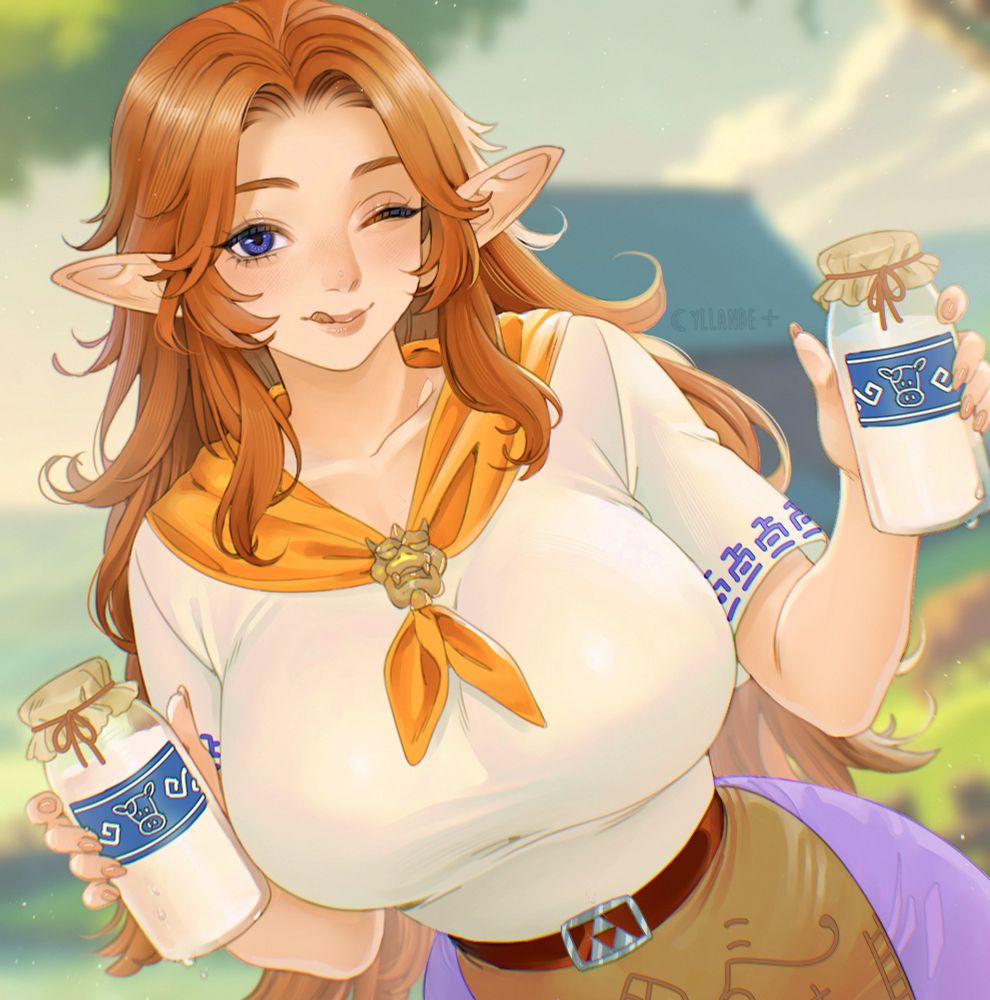 1girls, 2025, 2d, 2d (artwork), artist name, big breasts, breasts, clothed, clothed female, elf ears, female, female only, huge breasts, human, human only, large breasts, licking lips, long hair, looking at viewer, malon, milk, ocarina of time, orange hair, sfw, solo, solo female, the legend of zelda, tongue, tongue out, upper body, wink, winking at viewer, yiiande