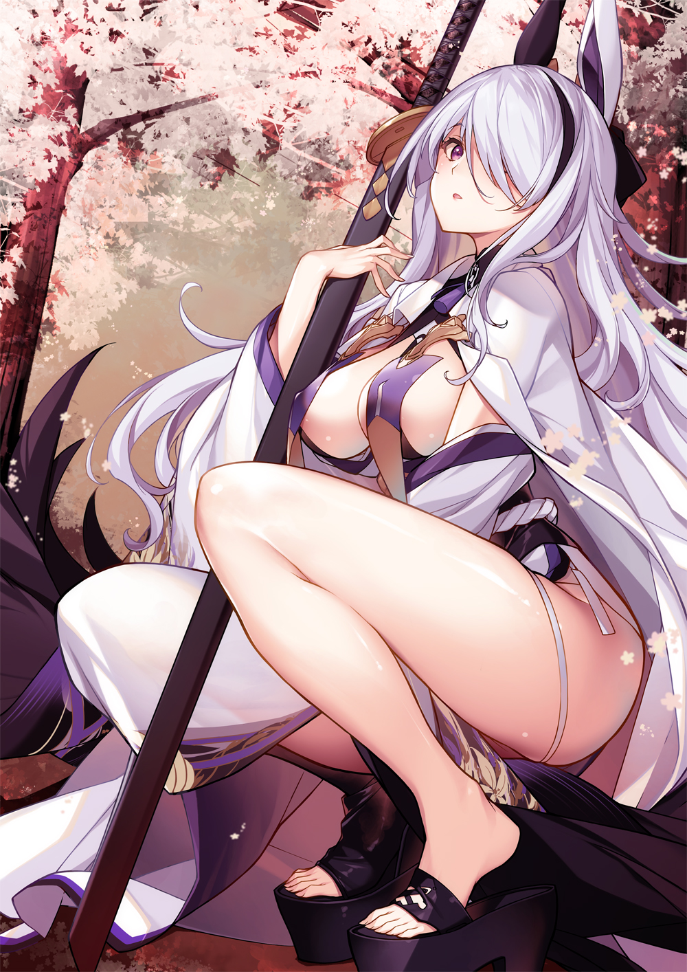 azur_lane black_footwear breast_curtains breasts female hand_up highres japanese_clothes katana kikuchi_seiji kimono large_breasts looking_at_viewer multicolored_hair official_art platform_footwear purple_eyes purple_hair sheath sheathed solo streaked_hair sword unzen_(azur_lane) weapon white_hair white_kimono