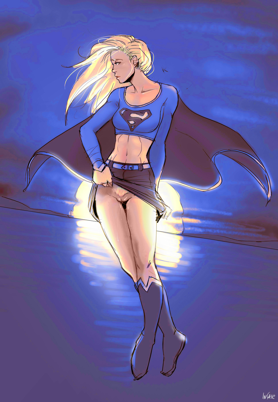 1girls, alien, alien girl, blonde, blonde hair, blue eyes, boots, dc, dc comics, female, flashing, flashing pussy, floating, incase, looking away, midriff, midriff baring shirt, naughty, no panties, nude, pussy, sci-fi, science fiction, scifi, skirt lift, supergirl, superman (series)