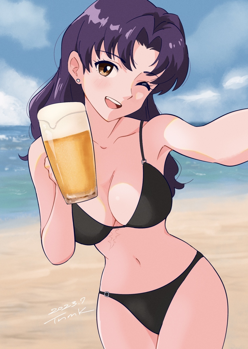 bangs, bare shoulders, bikini, blush, breasts, brown eyes, exposed breasts, female, female only, long hair, looking at viewer, misato katsuragi, necklace, neon genesis evangelion, nipples, no bra, parted bangs, pendant, purple hair, smile, smiling, smiling at viewer, solo, standing