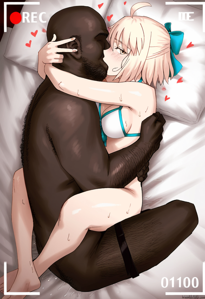 1boy 1boy1girl 1girl ai_generated arm_around_neck bed bikini blue_bow boy_on_top cheating cheating_girlfriend dark-skinned_male faceless_male fat_man fate_(series) female hairy_male heart hug interracial kissing leg_lock looking_at_viewer lying lying_on_back medium_breasts netorare okita_souji_(fate) okita_souji_(fate)_(all) on_back on_bed peace_sign recording sex straight waroffree white_bikini