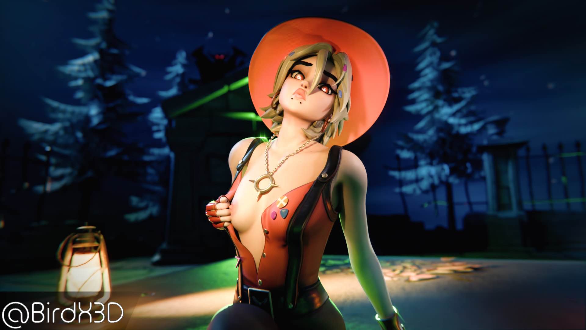 1girls 3d 3d_(artwork) 3d_render arm_support arms_behind_back blonde_female blonde_hair breast_grab breast_squeeze breasts breasts_out female fortnite fortnite:_battle_royale hat joni_(fortnite) joni_the_scarlet_(fortnite) lantern looking_at_viewer looking_pleasured neck necklace night petite petite_body petite_female petite_girl piercing piercings red_eyes short_hair sitting sitting_down sitting_on_floor