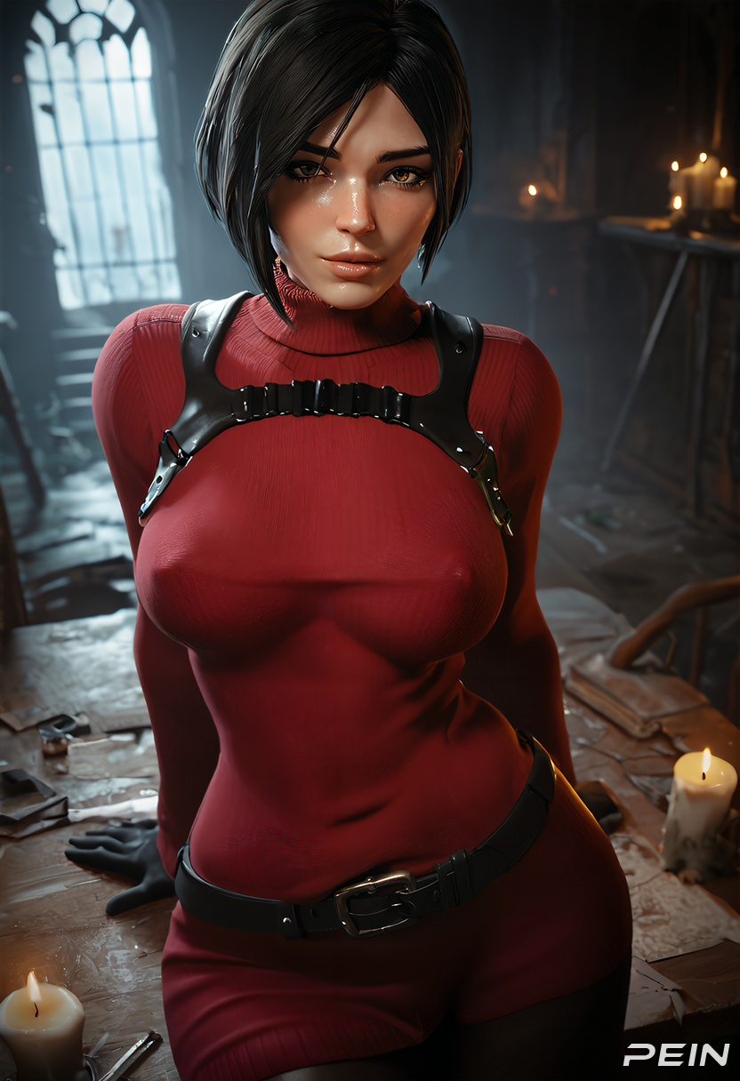 1girls 3d ada_wong ai_generated belt black_belt black_gloves black_hair breasts brown_eyes candle capcom covered_nipples gloves indoors large_breasts lips looking_at_viewer nose pantyhose pein resident_evil resident_evil_4_remake short_hair sitting solo stable_diffusion sweater window