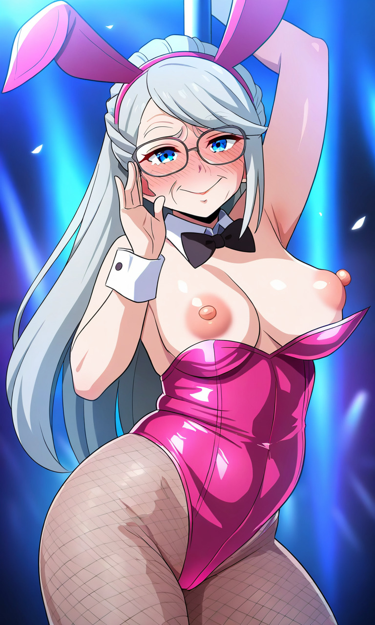 ai_generated blue_eyes bunny_girl bunnysuit fishnet_pantyhose gilf glasses gray_hair hard_nipples long_hair mature mature_female medium_breasts plump ponytail sole_female stripper stripper_pole wrinkled_skin wrinkles