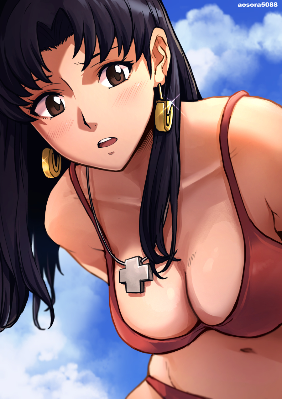 aosora, bangs, bare shoulders, blush, breasts, brown eyes, exposed breasts, female, female only, long hair, looking at viewer, misato katsuragi, necklace, neon genesis evangelion, nipples, no bra, parted bangs, pendant, purple hair, smile, solo, standing