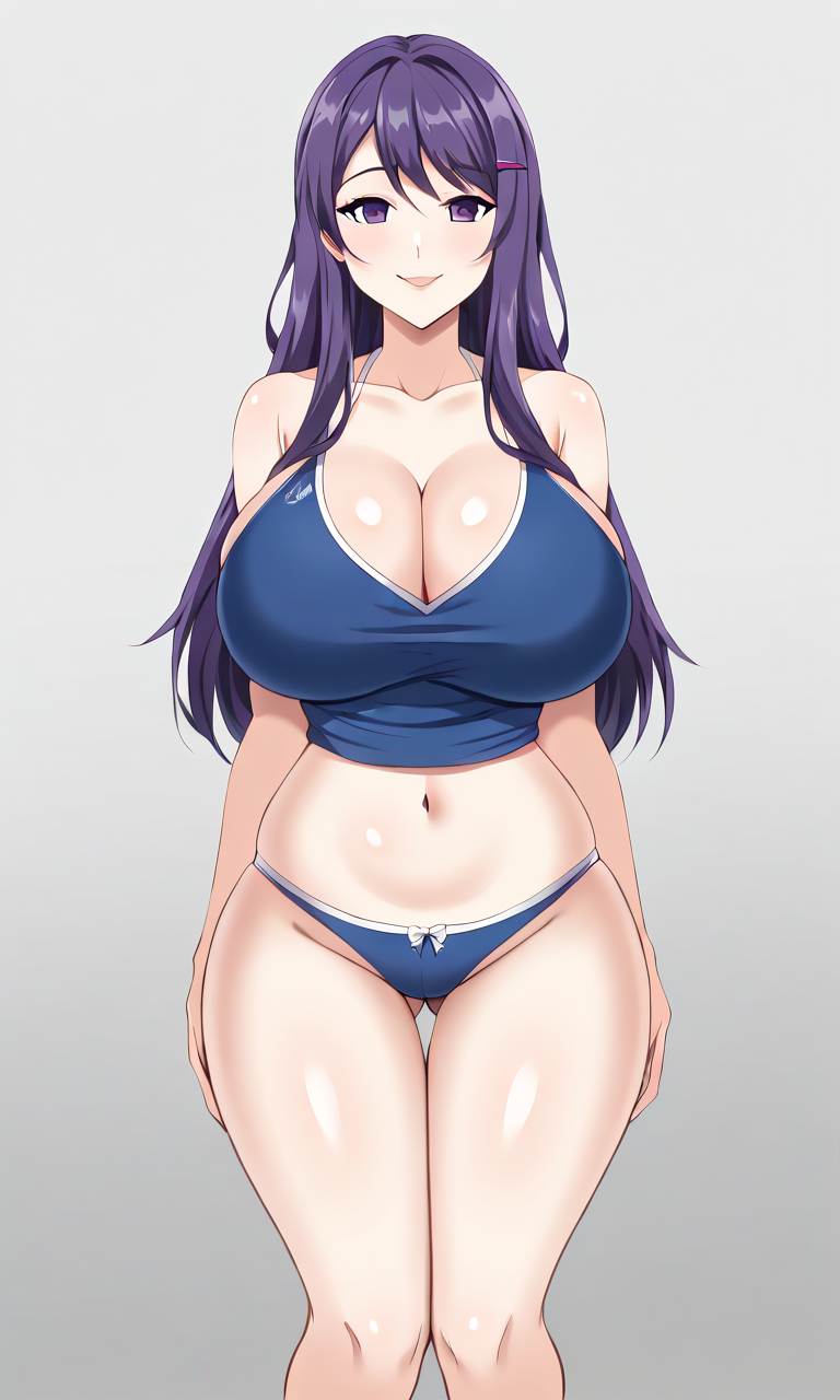 ai_generated big_breasts doki_doki_literature_club purple_eyes purple_hair smile underwear yuri_(doki_doki_literature_club)