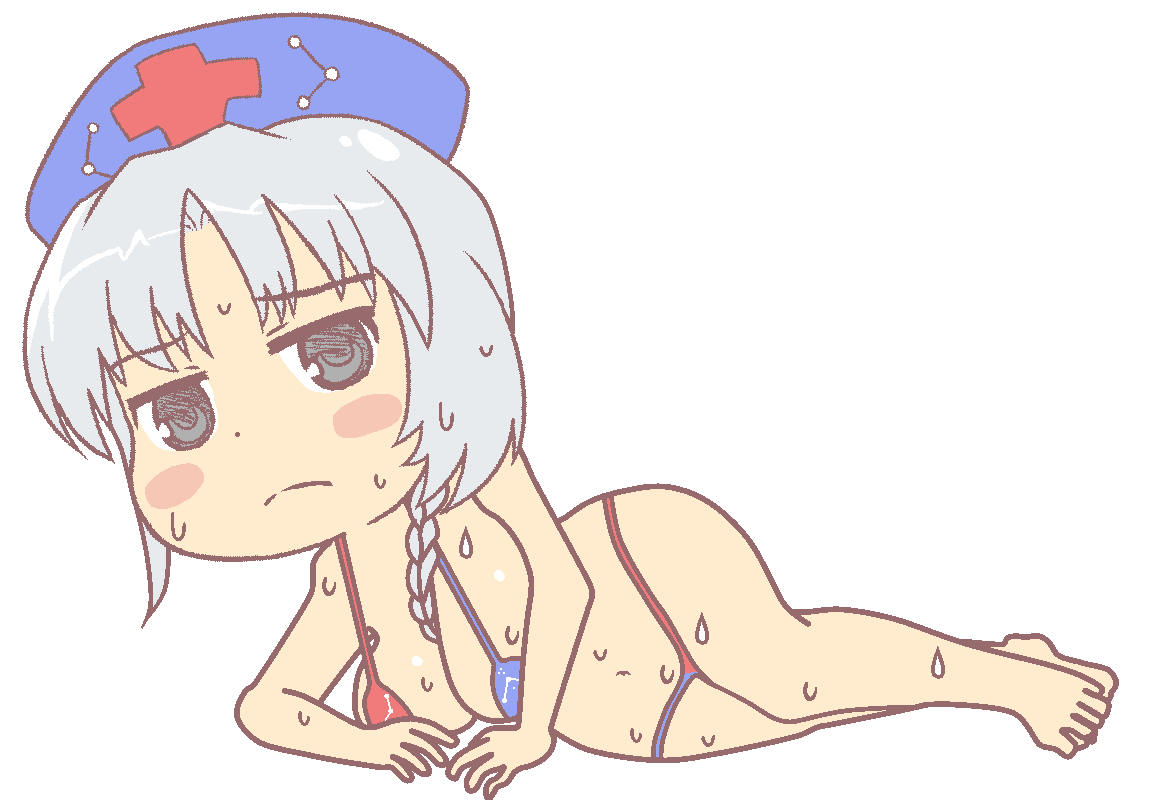 1girls ass barefoot bikini blue_bikini blue_hat blush_stickers breasts chibi chibi_style cleavage closed_mouth dot_nose feet grey_eyes gyate_gyate looking_at_viewer meme multicolored_bikini navel nurse_cap red_bikini red_cross solo sweat sweating touhou white_hair yagokoro_eirin