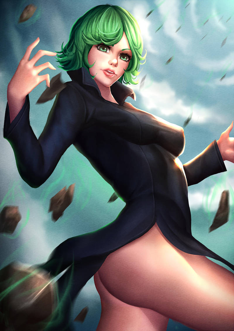 1girls ass black_clothing blue_sky breasts exposed_ass female female_only galakushi green_eyes green_hair nipples nipples_visible_through_clothing one-punch_man pink_lips solo superheroine tatsumaki telekinesis