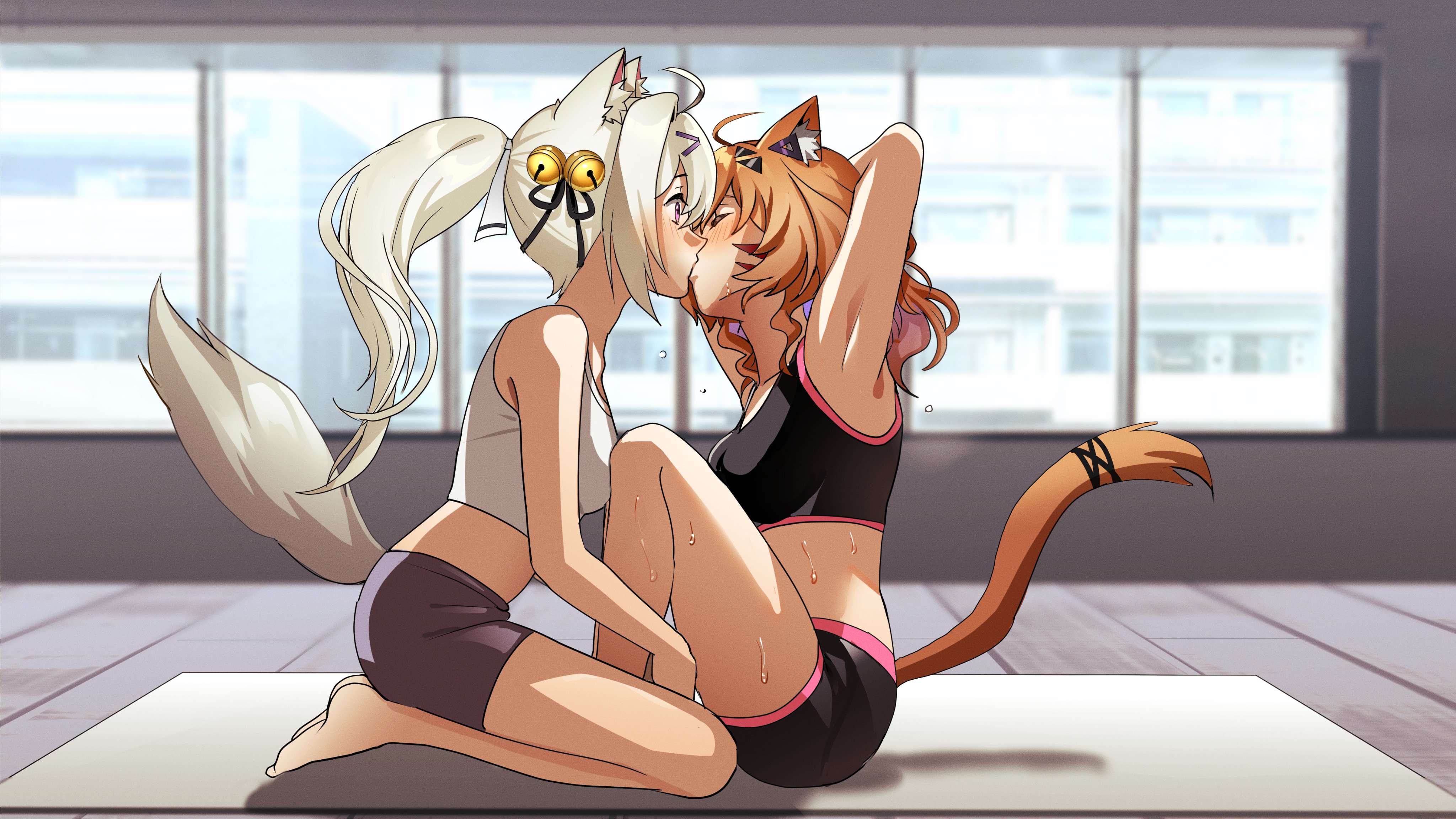 2girls, animal ear fluff, animal ears, armpits, arms behind head, bare shoulders, barefoot, bike shorts, black shorts, blonde hair, blurry, blurry background, blush, breasts, cat ears, cat girl, cat tail, catgirl, closed eyes, depth of field, face markings, female, female only, filian, filian (vtuber), from side, gym, indie virtual youtuber, indoors, kiss, kissing, long hair, looking at another, midriff, multiple females, multiple girls, navel, ponytail, pool, red eyes, rindo (vrchat), shorts, silver hair, sitting, sports bra, squchan (vtuber), sweat, tail, virtual youtuber, vrchat, vyugen, white hair, yuri