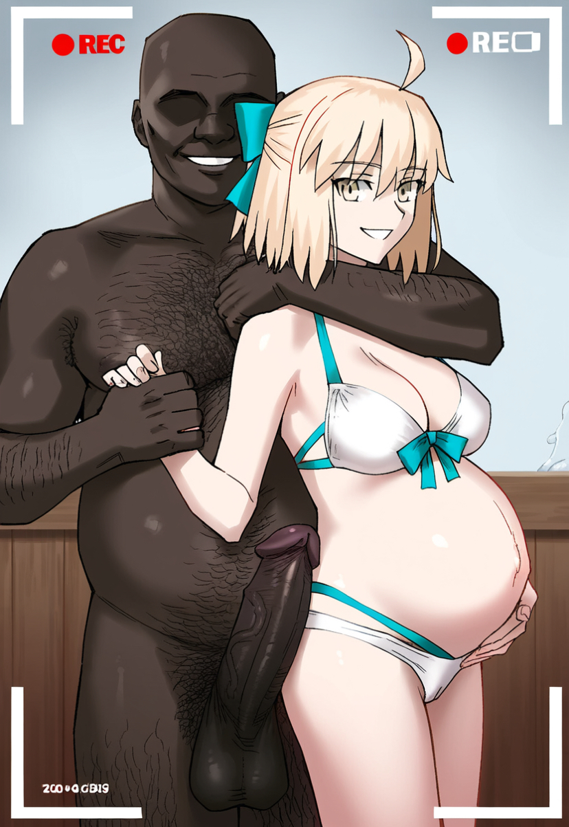 1boy 1boy1girl 1girl ai_generated arm_around_neck bed bikini blue_bow cheating cheating_girlfriend cowgirl_position dark-skinned_male faceless_male fat_man fate_(series) female girthy_penis hairy_male interracial large_penis looking_at_viewer medium_breasts netorare okita_souji_(fate) okita_souji_(fate)_(all) on_bed pregnant recording selfie straight testicles veiny_penis waroffree white_bikini