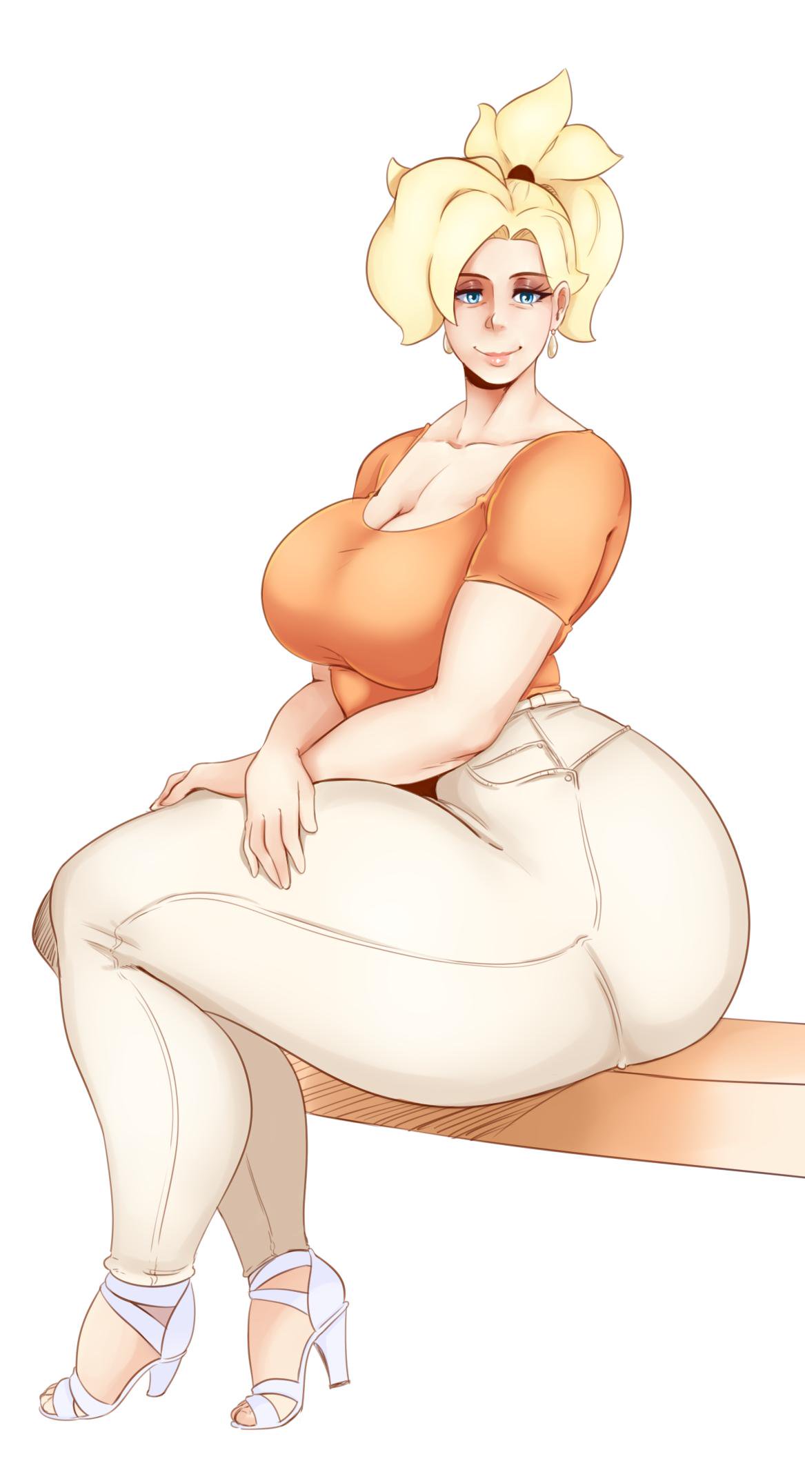 2019, alternate costume, ass, bags under eyes, big lips, black eyeshadow, blonde hair, blue eyes, breasts, brown eyebrows, bubble ass, bubble butt, cleavage, clothed, clothing, crossed arms, curvy, earrings, eyelashes, eyeshadow, female, high heels, huge ass, huge breasts, jeans, large ass, large breasts, legs, looking at viewer, makeup, mercy, open toe shoes, overwatch, ponytail, shirt, simple background, sitting, sitting down, slightly chubby, smile, suggestive, sunnysundown, thick, thick ass, thick bottom lip, thick legs, thick lips, thick thighs, thighs, thin waist, tired, white background, wide hips