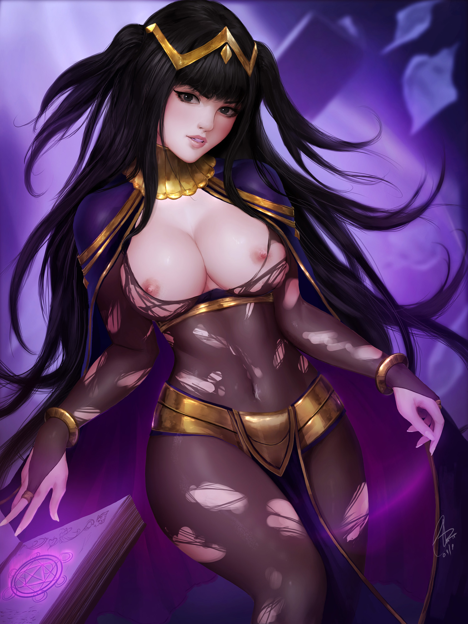 bodystocking, breasts, female, fire emblem, fire emblem awakening, highres, large breasts, magic, nintendo, nipples, shurakrgt, solo, tagme, tharja (fire emblem), torn clothes