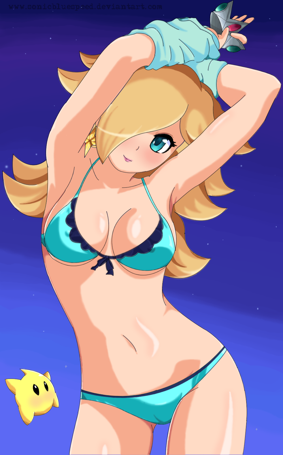 bikini blonde_hair blue_eyes blush breasts crown cute earrings gradient gradient_background hair_over_one_eye highres holding_crown jewelry large_breasts lingerie long_hair looking_at_viewer luma mario_(series) mini_crown navel night nintendo nipples panties pose princess_rosalina pussy shy sky smile sonicbluespeed star_(sky) starry_sky super_mario_galaxy swimsuit underwear undressing