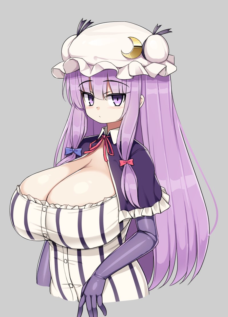 1girls cleavage fully_clothed gloves looking_at_viewer neutral_expression purple_eyes purple_hair sawati touhou