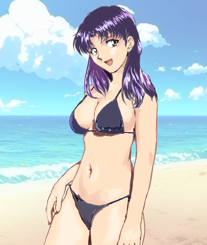 bangs bare_shoulders bikini blush breasts brown_eyes exposed_breasts female female_only long_hair looking_at_viewer misato_katsuragi necklace neon_genesis_evangelion nipples no_bra parted_bangs pendant purple_hair smile smiling smiling_at_viewer solo standing