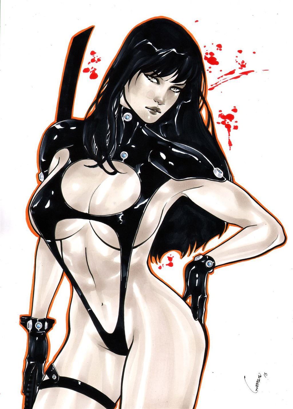 1girls 2018 abs big_breasts black_clothing black_gloves black_hair breasts dated ed_benes_studio female female_only gantz gantz_suit gardenio_lima gloves holding_sword human katana latex leather leotard nipples nipples_visible_through_clothing shimohira_reika signature sling_bikini solo source_request sword text watermark weapon white_background wide_hips