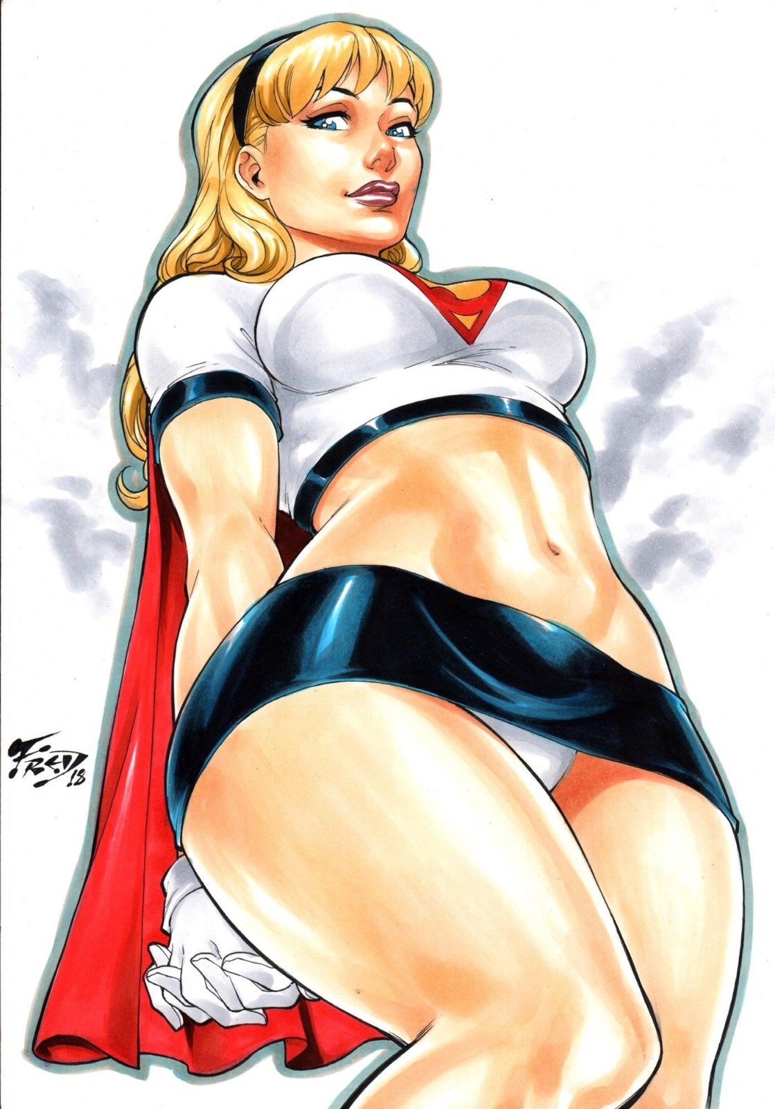 argoan big_breasts black_headband black_miniskirt black_skirt blonde_hair blue_eyes breasts calves dc ed_benes_studio fred_benes gloves headband kara_zor-el kryptonian long_hair miniskirt panties red_cape skirt supergirl superheroine thighs tight_clothing upskirt white_gloves white_panties white_shirt white_top