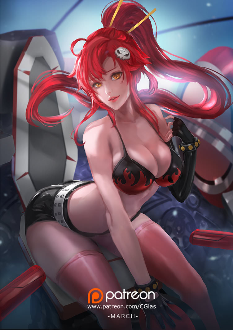 1girls amber_eyes bent_forward big_breasts bra breasts cglas cleavage cute female female_only female_solo flipped_hair hair_flip hairpiece hairpin human leaning_forward patreon pink_lips ponytail red_hair red_lips short_shorts sitting solo tengen_toppa_gurren-lagann tengen_toppa_gurren_lagann yoko_littner