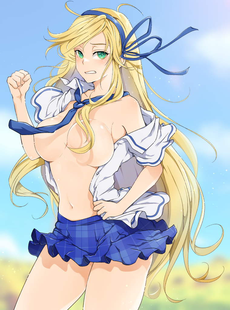 1girls big_breasts blonde_female breasts green_eyes hair_over_breasts katsuragi_(senran_kagura) long_hair looking_at_viewer mzknk0 senran_kagura_(series) skirt solo unbuttoned_shirt very_long_hair