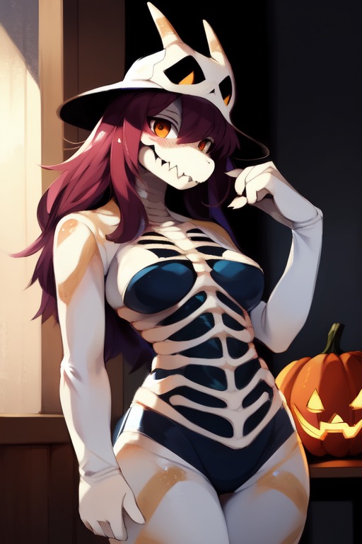 ai_generated anthro bodypaint breasts deltarune diplive7 female furry glowing_eyes halloween halloween_costume horns jaw long_hair paint painted_body pumpkin rib_cage scalie skeleton skeleton_costume skeleton_markings skinsuit skull susie_(deltarune) tagme thick_thighs