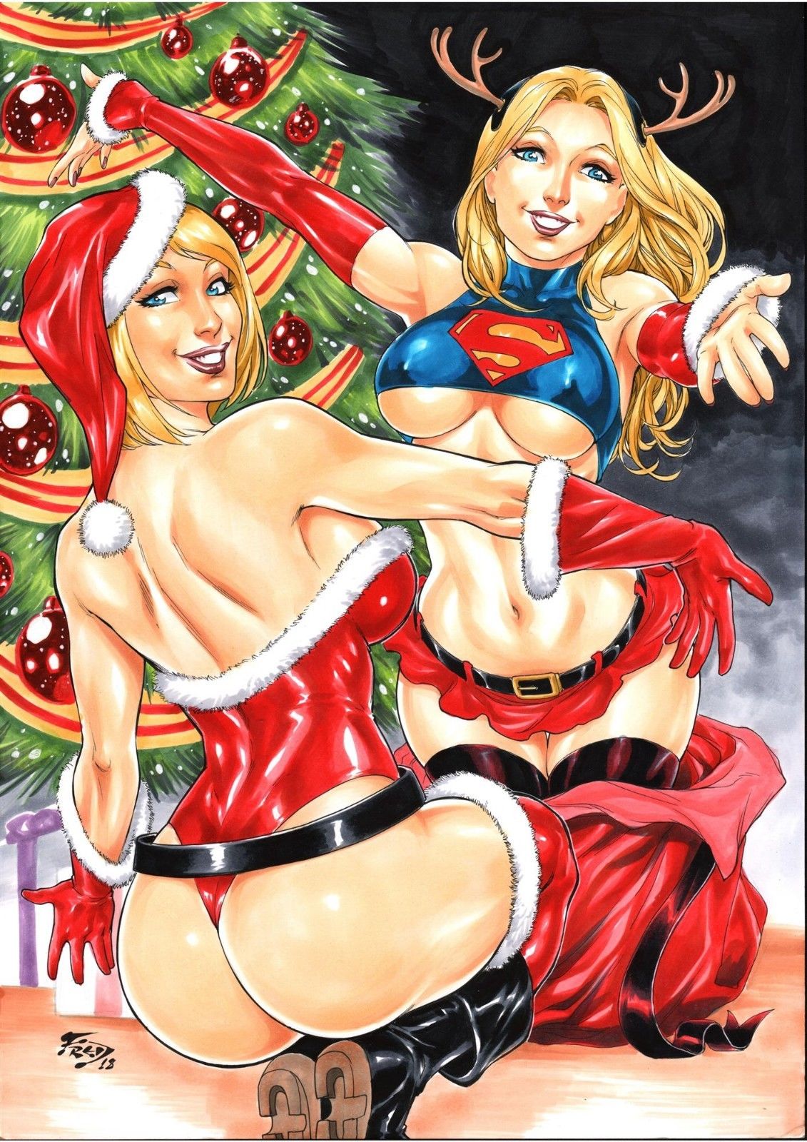 2018 2girls argoan arm_sleeves ass bag big_breasts black_boots blonde_eyebrows blonde_hair blue_eyes blue_top boots breasts christmas christmas_decorations christmas_ornaments christmas_outfit christmas_tree dated dc dc_comics earth2 ed_benes_studio female_ass fred_benes fur fur_trim holidays inviting jsa justice_league justice_society justice_society_of_america kara_zor-el kara_zor-l karen_starr kryptonian large_breasts leotard miniskirt multiple_girls nipples nipples_visible_through_clothing power_girl present presents red_gloves red_miniskirt red_skirt reindeer_antlers sack santa_costume santa_hat short_hair shoulder_length_hair signature skirt supergirl superheroine