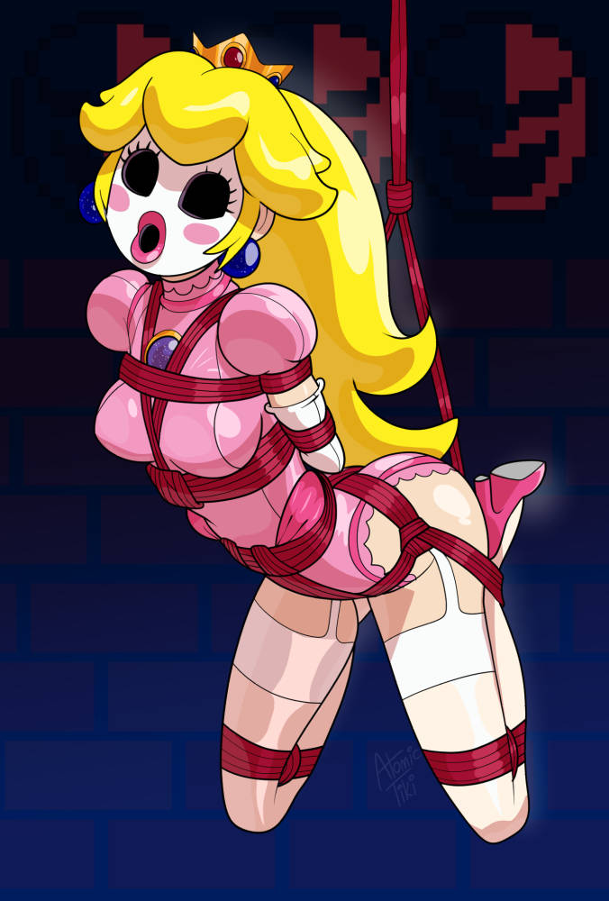 1girls arms_tied_behind_back ass atomictiki blonde_hair bondage bound breasts crotch_rope crown earrings elbow_gloves female female_only femsub fully_clothed garter_straps gloves high_heels legs_tied leotard mario_(series) mask medium_breasts nintendo pink_leotard ponytail princess_peach rope rope_between_breasts rope_bondage shibari_over_clothes shiny_clothes shy_guy_mask stockings suspension_bondage thighhighs