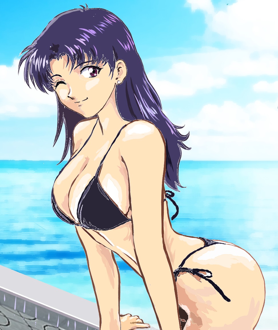 bangs, bare shoulders, bikini, blush, breasts, brown eyes, exposed breasts, female, female only, long hair, looking at viewer, misato katsuragi, necklace, neon genesis evangelion, nipples, no bra, parted bangs, pendant, purple hair, smile, smiling, smiling at viewer, solo, standing