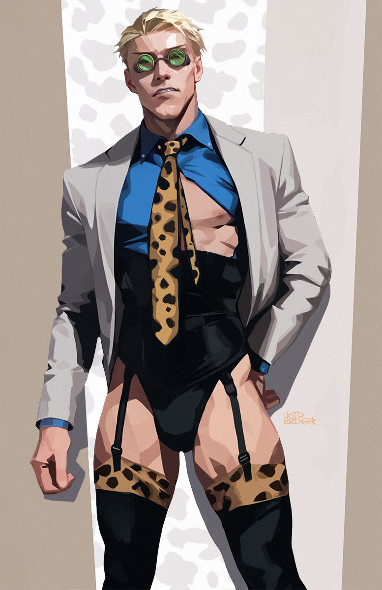 blonde_hair business_suit cheetah_print crossdressing garter_belt garter_belt_leggings garter_straps glasses jujutsu_kaisen kento_nanami male male_focus male_only mature_male muscular muscular_male no_visible_genitalia older_male one_breast_out one_breast_out_of_clothes pinup solo_male suit tasteful tasteful_nudity toned toned_body toned_legs toned_male voidbringerr