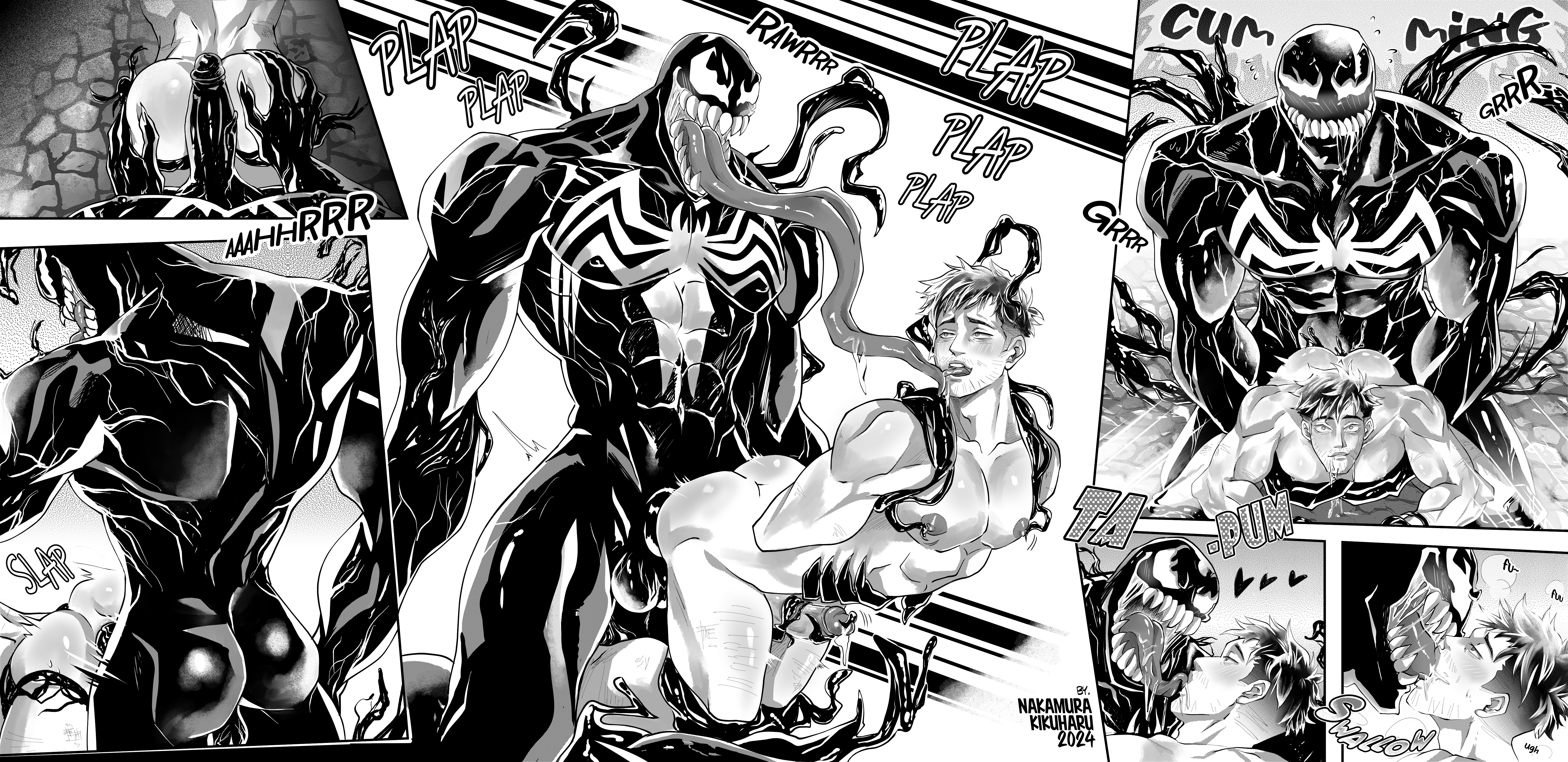 anal, anime style, bara, comic, comic page, difference size, eddie brock, gay, gay sex, male, male only, manga, marvel, marvel comics, muscles, nakamura kikuharu, size difference, spider-man, spider-man (series), venom (marvel), yaoi