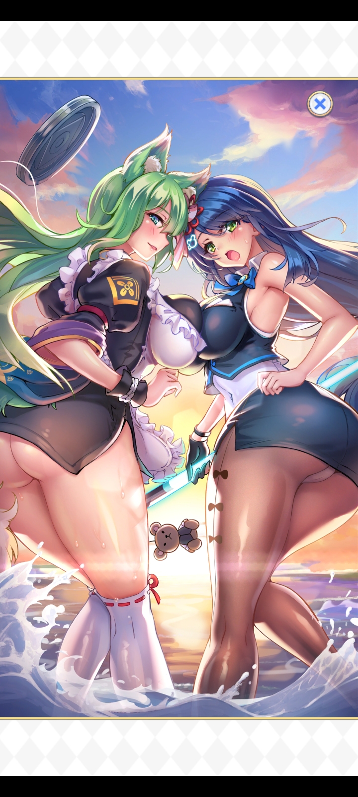 2girls big_ass breasts_squeezed_together huge_breasts looking_at_viewer nutaku project_qt thick_thighs tight_clothing