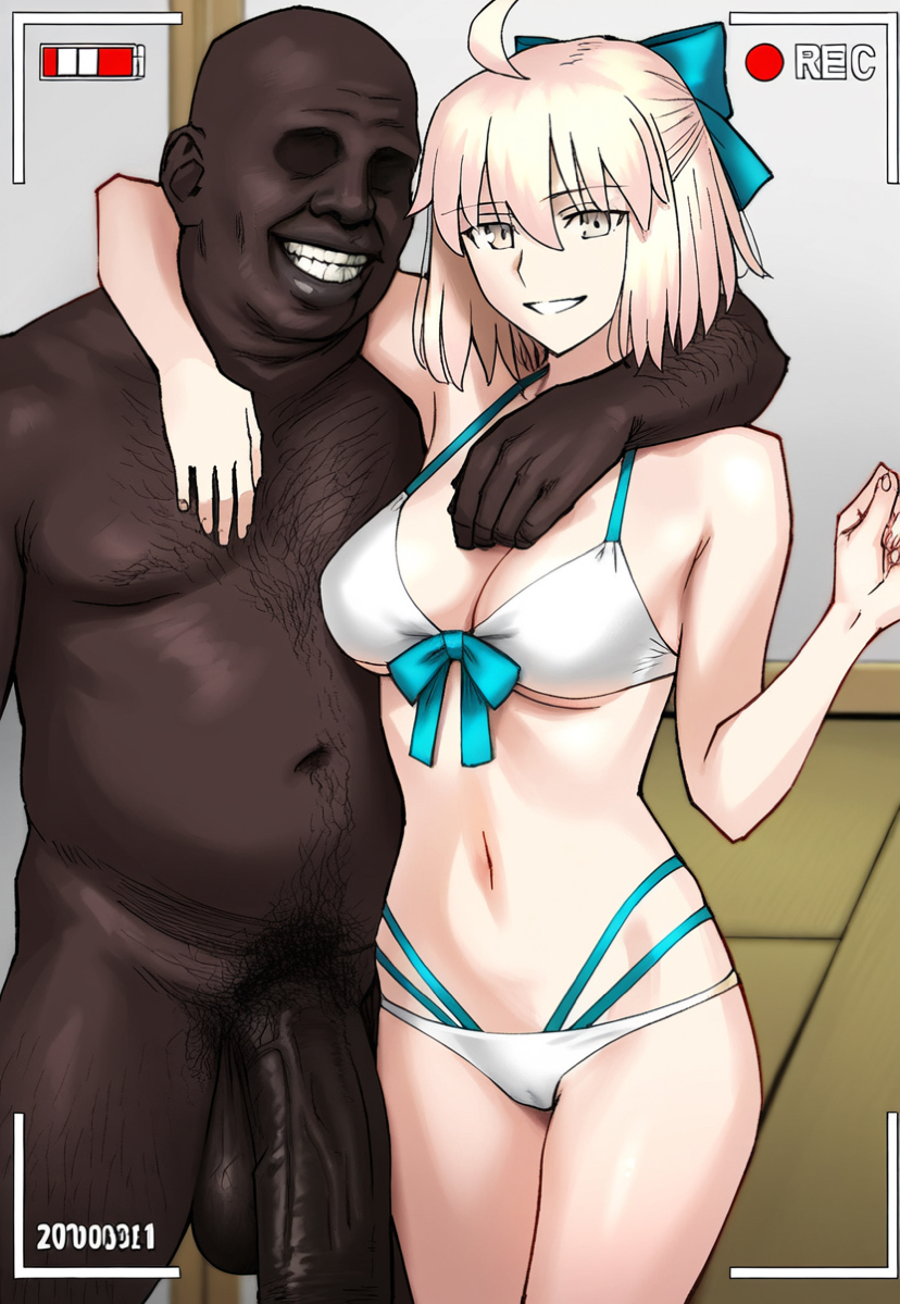 1boy 1boy1girl 1girl ai_generated arm_around_neck bikini blue_bow cheating cheating_girlfriend dark-skinned_male faceless_male fat_man fate_(series) female girthy_penis grin hairy_male interracial large_penis looking_at_viewer medium_breasts netorare okita_souji_(fate) okita_souji_(fate)_(all) recording straight testicles veiny_penis waroffree white__bikini