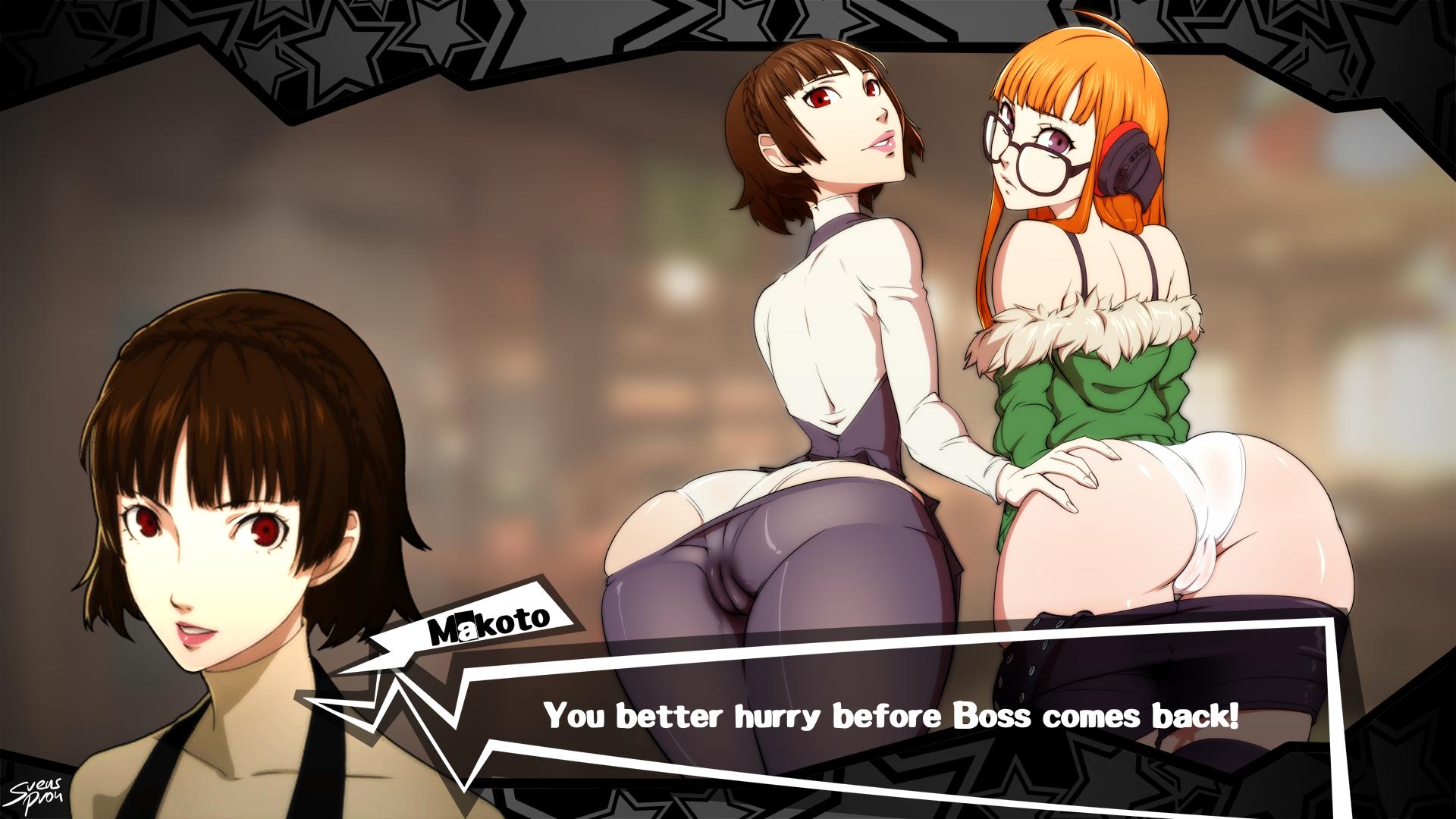 2girls, ass, ass cleavage, ass crack, big ass, butt crack, cameltoe, female, female only, looking at viewer, looking back, makoto niijima, panties, persona, persona 5, pussy, sakura futaba, svenners, text