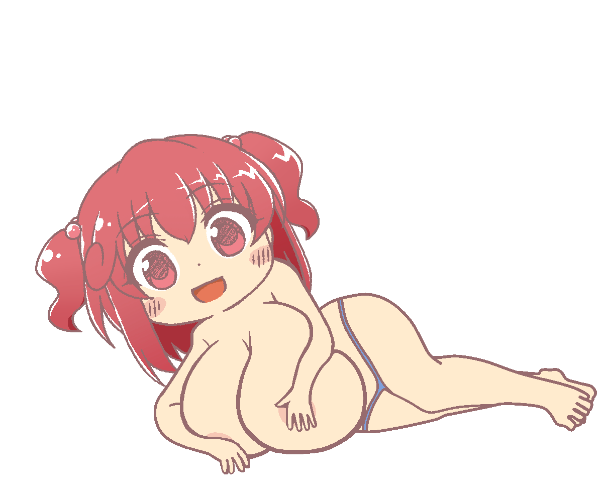 1girls areola_slip areolae artist_request barefoot blue_panties breasts chibi chibi_style covered_nipples covering_nipples dot_nose female gyate_gyate hair_bobbles huge_breasts komachi_onozuka long_hair lying meme open_mouth panties red_eyes red_hair smile solo topless topless_female touhou transparent_background twintails