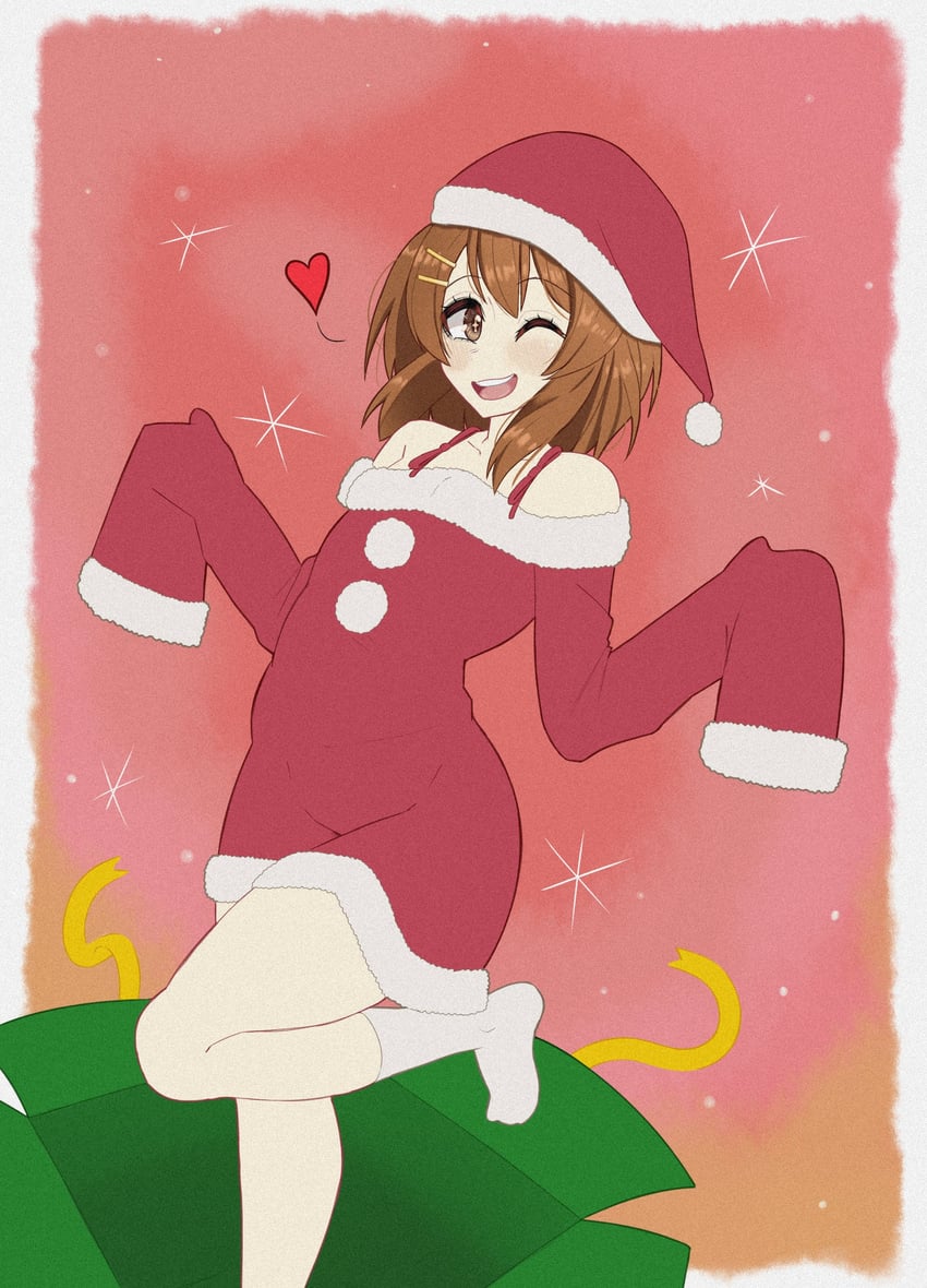 1female 1girls bare_shoulders brown_eyes brown_hair christmas christmas_clothing christmas_outfit clothed clothing highres k-on! light-skinned_female light_skin long_sleeves one_eye_closed open_mouth santa_hat small_breasts smile socks young_savage yui_hirasawa_(k-on!)