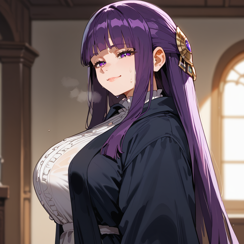 ai-created ai_generated bangs bare_shoulders blunt_bangs blush breasts breath female female_only fern_(sousou_no_frieren) heavy_breathing huge_ass huge_breasts indoors juuicy_ai large_breasts long_hair looking_at_viewer massive_ass massive_breasts mummy navel night nipples nude purple_eyes purple_hair solo sousou_no_frieren sweat thick_thighs thighs