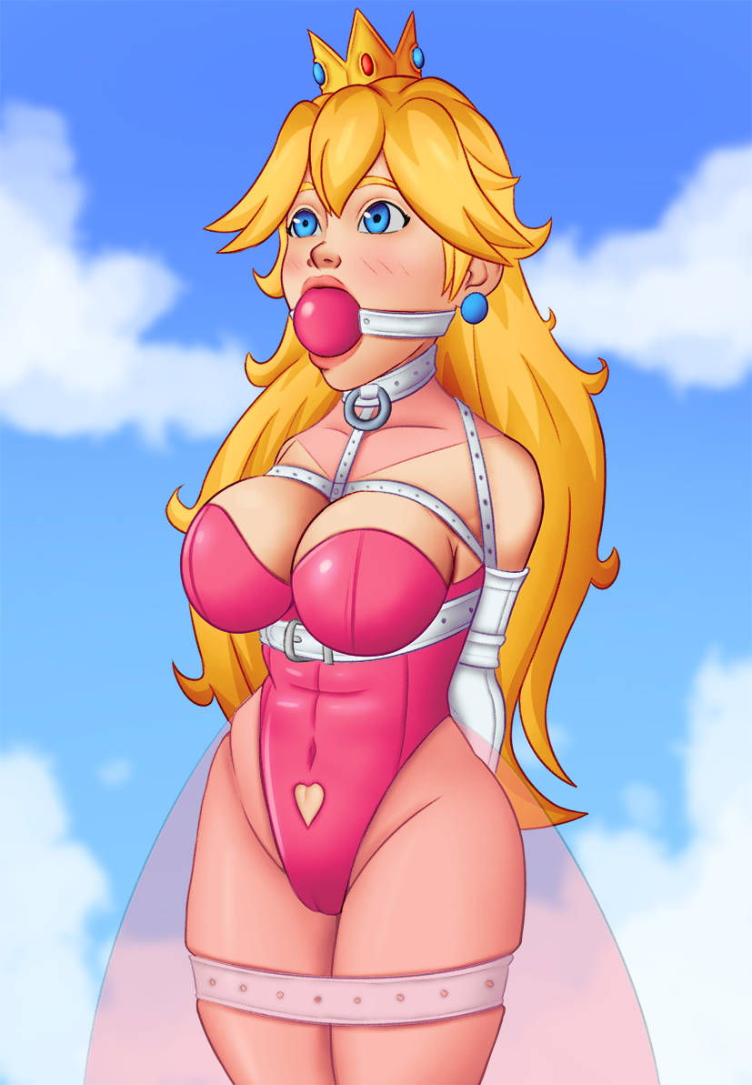 1girls armbinder ball_gag blonde_hair blue_eyes bondage bondage_under_clothes bound breasts cleavage clouds collar crown dress earrings female female_only femsub fully_clothed gag gagged highleg highleg_leotard large_breasts legs_tied leotard long_hair mario_(series) monoglove nintendo outside pink_dress pink_leotard princess_peach revealing_clothes sky vivs11