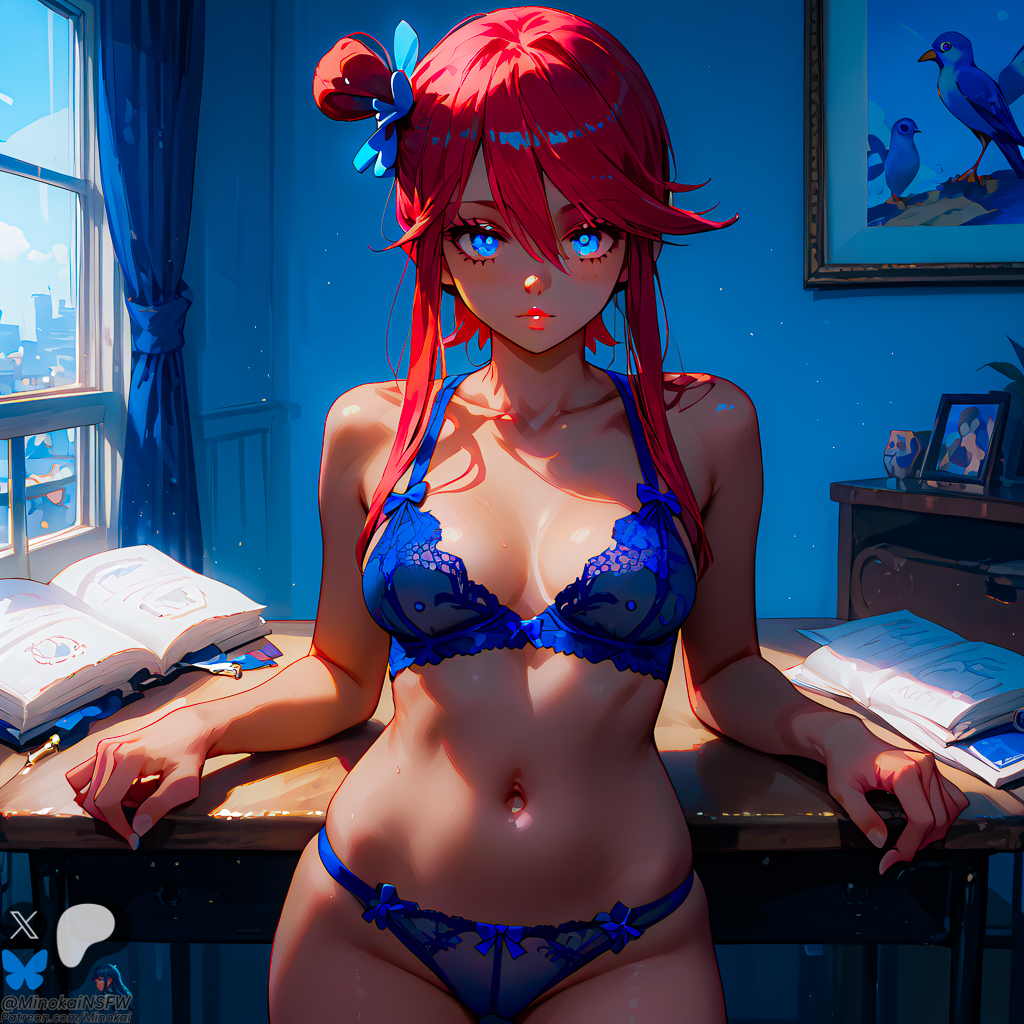 ai_generated blue_bra blue_panties female lingerie looking_at_viewer minokai pokemon self_upload sexy_pose skyla_(pokemon) solo solo_female solo_focus standing