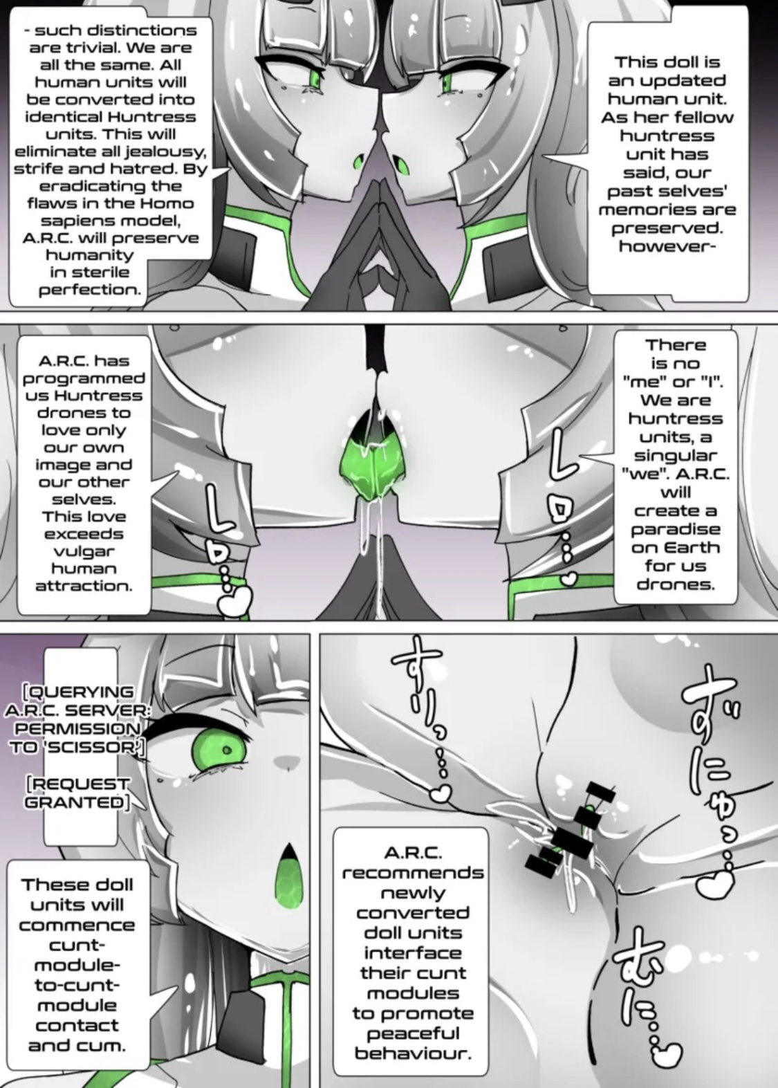 cowgirl position, dronification, gender transformation, liquid metal, manga, mtf transformation, nanomachines, rape, reverse rape, robot, robot girl, robot transformation, robotization, slime transformation, tribadism, yuri