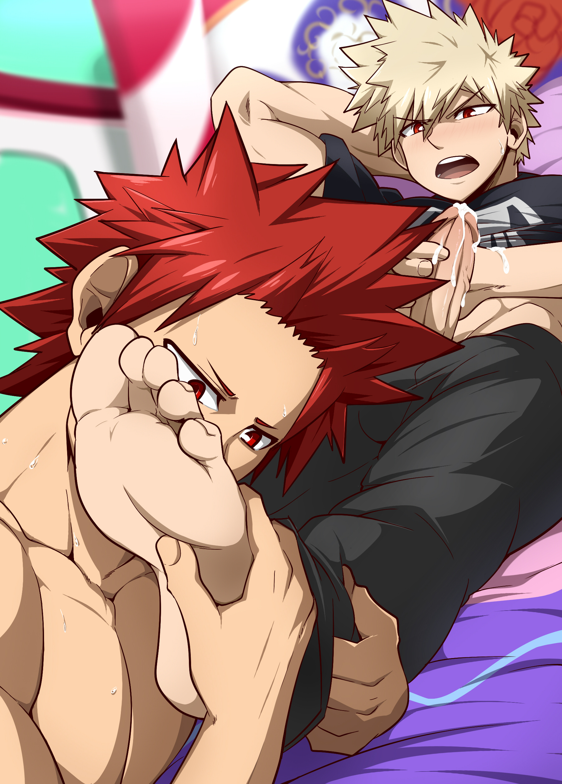 barefoot, bed, blonde hair, cum, eijirou kirishima, feet, foot fetish, foot worship, gay, katsuki bakugou, kuroshinki, male, male only, male/male, my hero academia, on bed, partially clothed, red eyes, red hair, yaoi